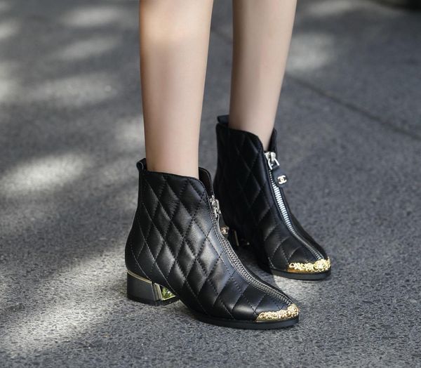 

designer womens boots luxury black gold metal rhombus front zipper round head low heel with box size 35-40