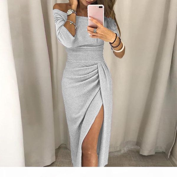 

2019 women sheath knee-length bohemian solid dress off shoulder high slit bodycon dress long sleeve dresses, Black;gray
