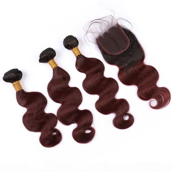 

#1b 99j burgundy ombre indian human hair body wave 3bundles with closure 4pcs lot ombre wine red hair weaves with lace closure 4x4, Black