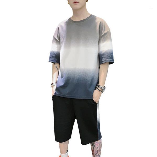 

summer casual men's set loose color patchwork two piece set1, Gray
