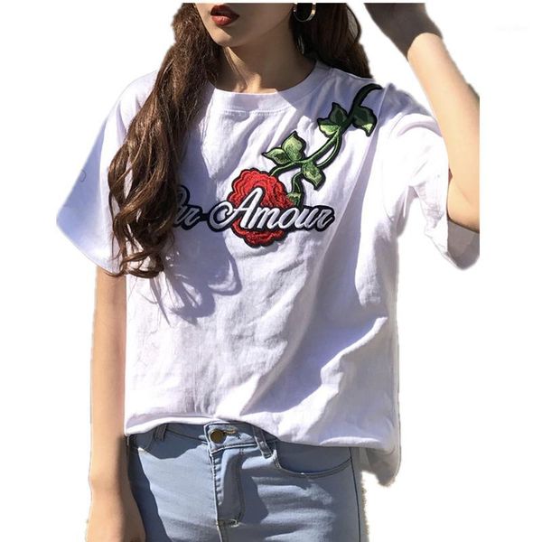 

flower big rose women letters patch embroidery t-shirts female summer 2020 new fashion short sleeve tee white/black yrx151