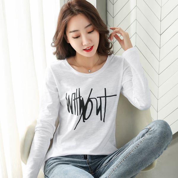 

53ztm new autumn long korean casual printed neck round loose t-shirt large 2020 sleeve t-shirt for women vhkzt, White