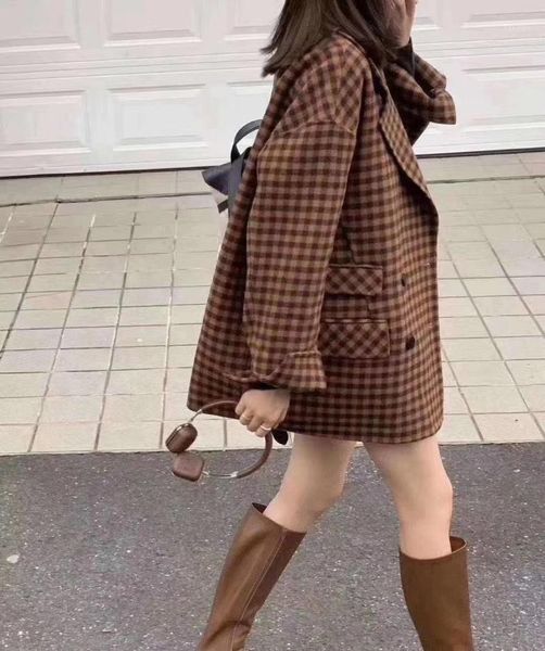 

winter 2020 new double-sided cashmere wool coat for women small and loose plaid short woolen coat1, Black
