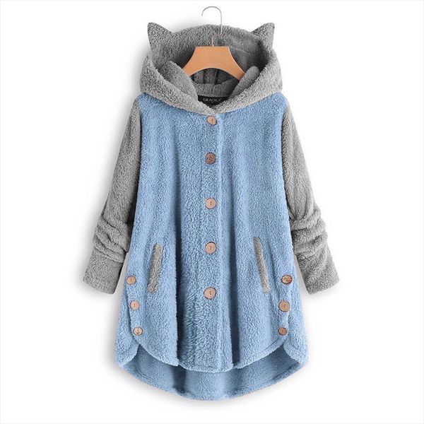 

cat ear hoodies women plus size fluffy plush button long hooded sweatshirt loose warm hoody polerones mujer women vintage hoodie, Black