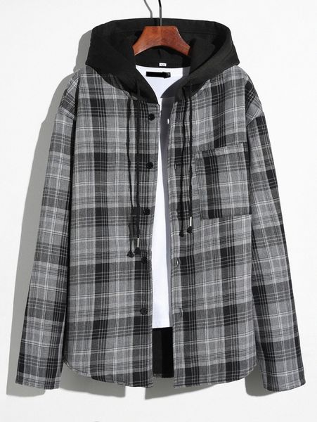 

men plaid contrast hooded jacket without tee a35n#, Black;brown