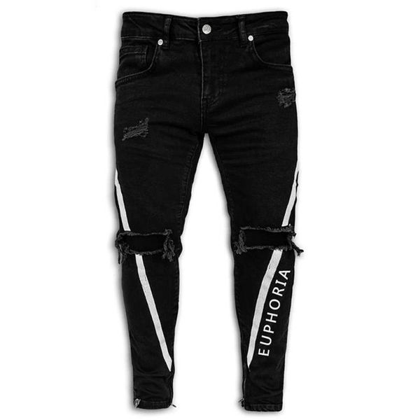 

men's jeans pencil pants hole men clothing solid striped letter printed jogger trousers casual denim pant for, Blue