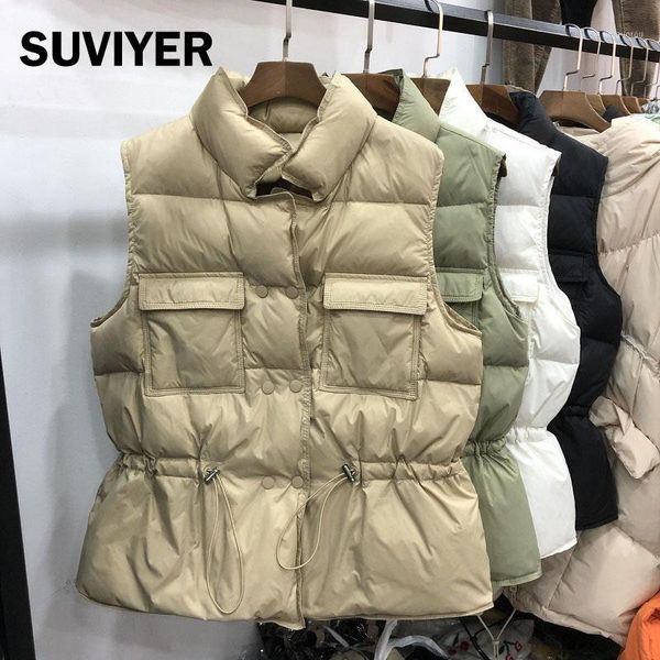 

suviyer] 2020 winter jacket women's vest white duck down plus size thick vest warm sleeveless outwear female casual parka1, Black