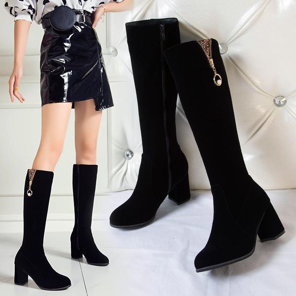 

boots 2021 women's fashion knee high faux suede heels autumn winter plush woman shoes size 43 black thigh1
