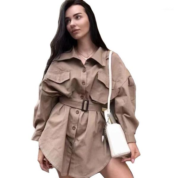 

2019 boyfriend style long shirt spring summer cotton belt shirt high street fashion solid color single breasted1, White