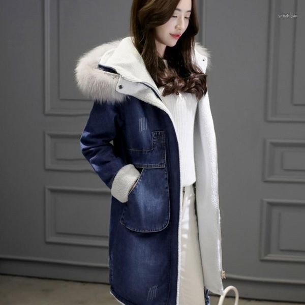 

long loose fit warm denim coat female winter cap fur lining overcoat feminino korea zipper costume women casacos1, Tan;black