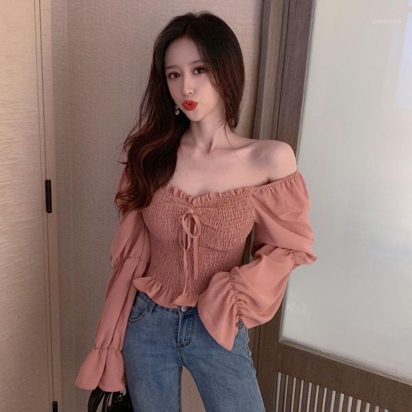 

crop korean fashion clothing lantern sleeve square short ruffles solid lace sweet style spring fall women's clothing shirts1, White