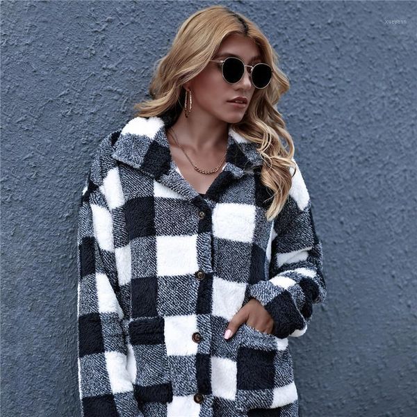 

women long coat autumn plaid button down jacket casual long sleeve fuzzy fleece loose lapel neck single breasted pockets coat1, Black;brown