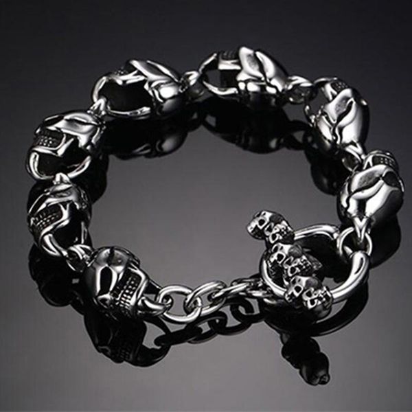 

2020 new fashion simple 21cm stainless steel skull cool bracelet men's punk wind hand men's holiday gift pulsera ancla br-290, Black