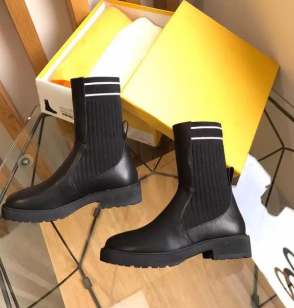 

women half boots knitted stretch martin black leather short boot design flat shoes