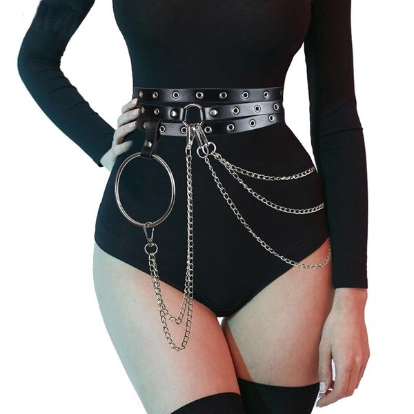

goth pu leather belts for women punk big o-ring metal chain belt leisure jeans chain buckle ladies waist long straps y200520, Black;brown