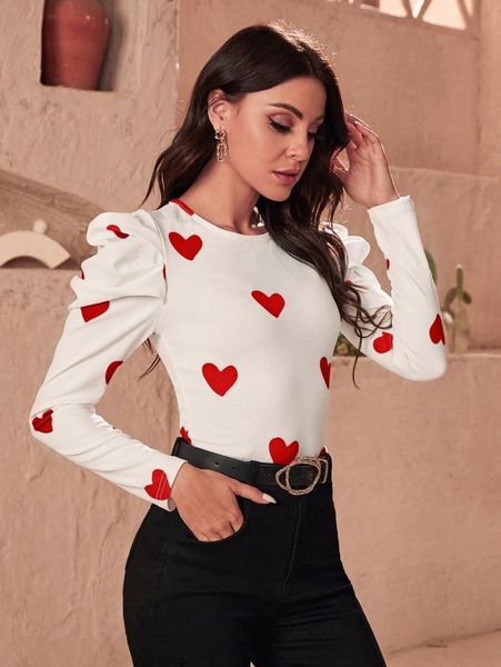 

puff sleeve allover heart print tee m6pf#, White