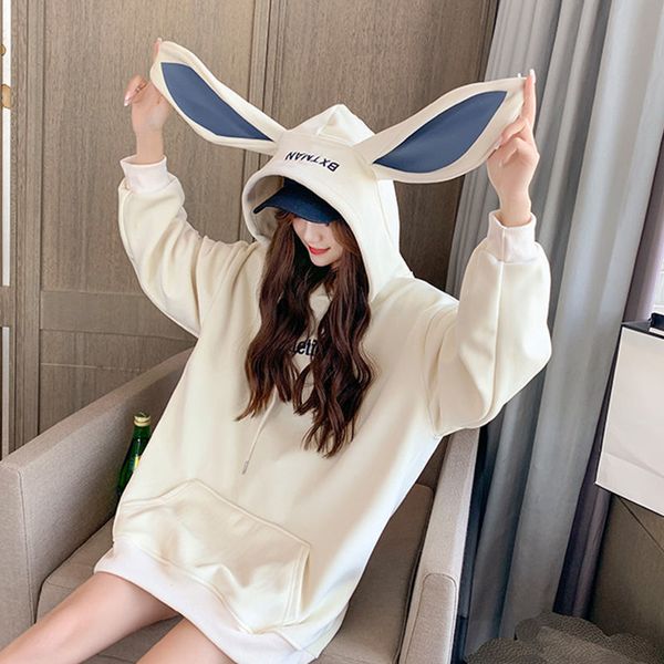 

2021 new sweet stylish rabbit ears plus velvet thick women hoodies loose long kangaroo pocket sweatshirts phxa, Black