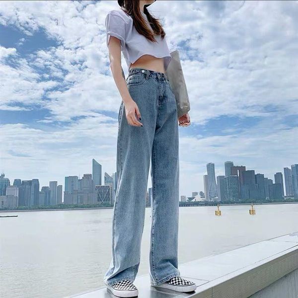 

women summer thin high waist straight jeans blue casual loose wide leg trousers denim pants baggy adjustable waist strap jean