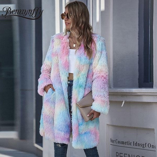 

benuynffy multicolor tie dye women faux fur coat fashion streetwear autumn winter long sleeve ladies slim long coats outerwear 201110, Black