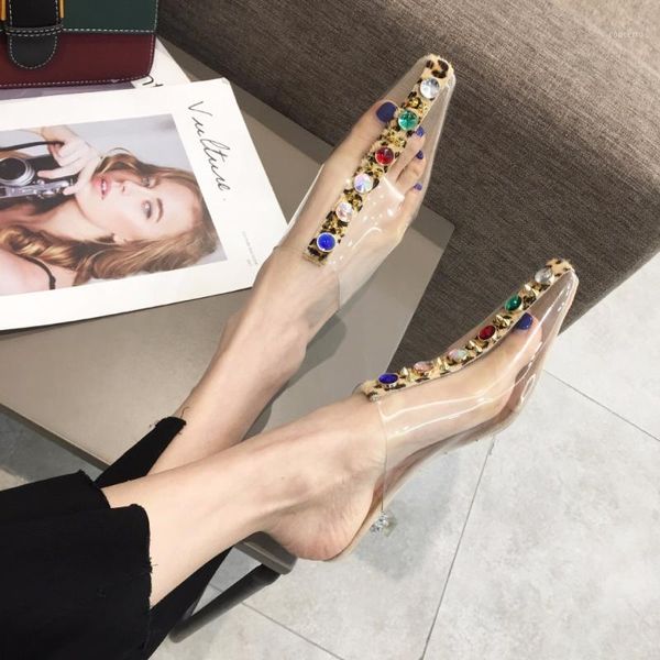 

dress shoes leopard horsehair transparent slippers women pointed toe big rhinestone studded sandals perspex heels muller flipflops 2641, Black