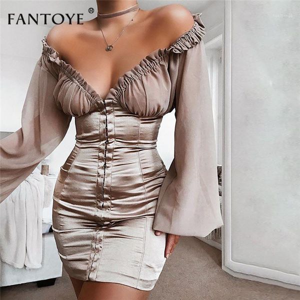 

fantoye off shoulder ruffle dress women summer puff sleeve v-neck patchwork stain bodycon party dresses clubwear vestidos1, Black;gray