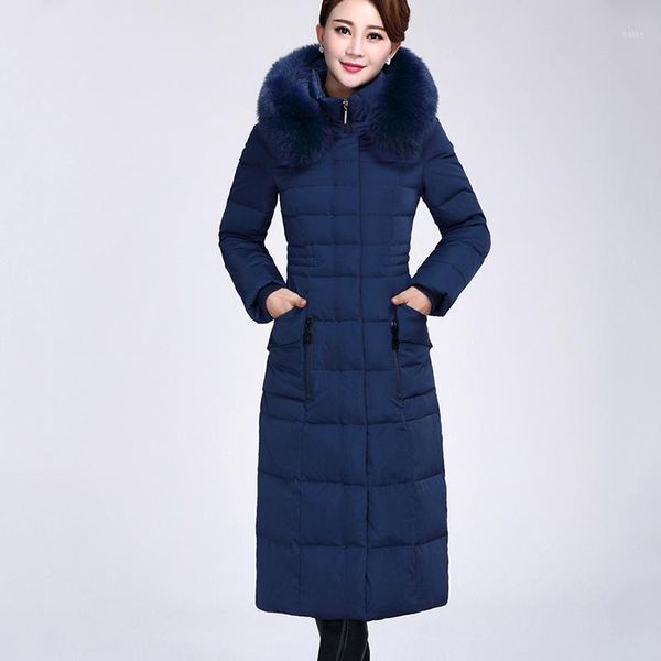 

women winter down coats hooded 2019 new luxury real raccoon fur hat down jacket&coat women's x-long jacket parka plus size 4xl1, Black