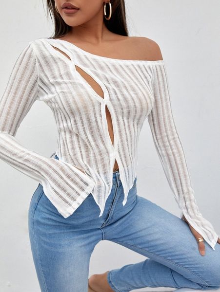 

asymmetrical neck cut out split cuff t5l0#, White