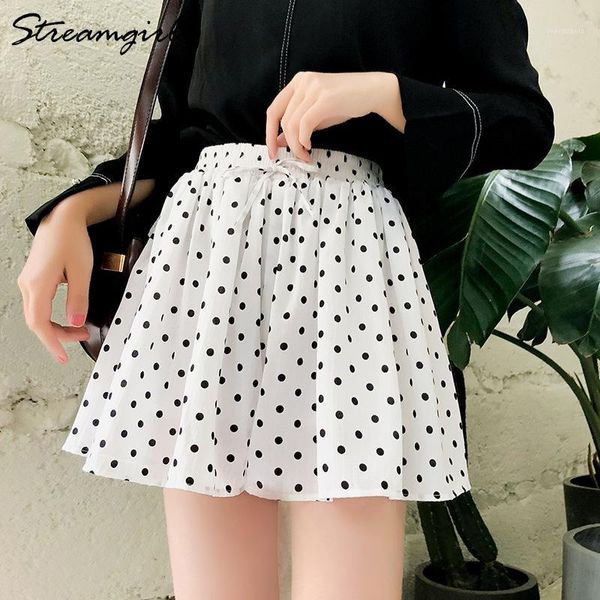 

wide leg pleated skirt shorts female summer 2020 women polka dot high waist chiffon shorts pleated skirt high waisted casual1, White;black