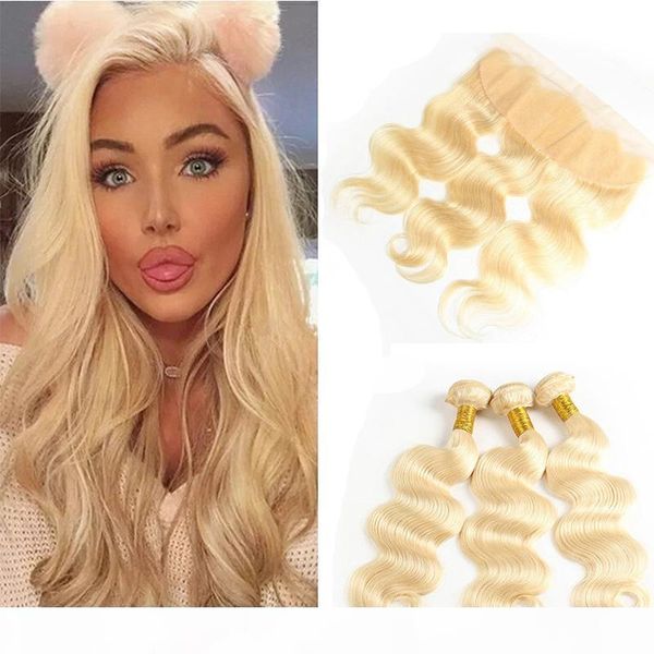 

brazilian body wave hair 613# blonde ear to ear 13x4 lace frontal closure with 3 bundles brazilian virgin human hair weave extensions, Black;brown