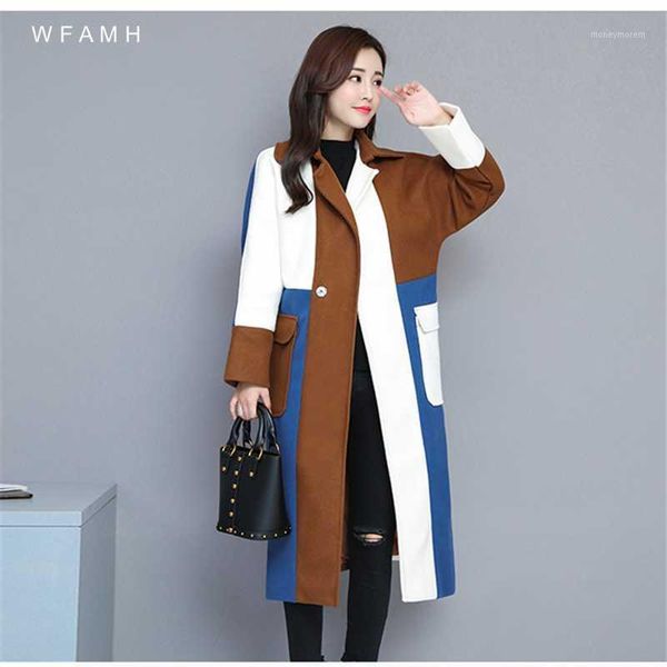 

women's wool & blends 2021 autumn and winter mid-length stitching woolen coat women loose large size were thin over the knee nizi coat1, Black