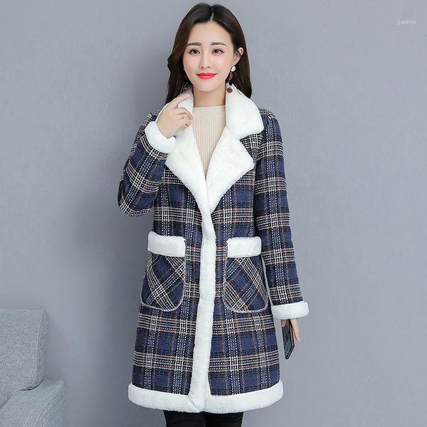 

fashion lattice plus velvet wool coat women long sections 2021 winter new cotton jacket loose warmth thick padded plus size 4xl1, Black