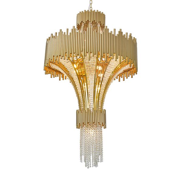 Contemporânea Luxo Clear Cristal Cordão Candelabro LED LED Modern Grande Grande Gold Acabamento Pendurado Lâmpada Art Deco Staircase Hotel