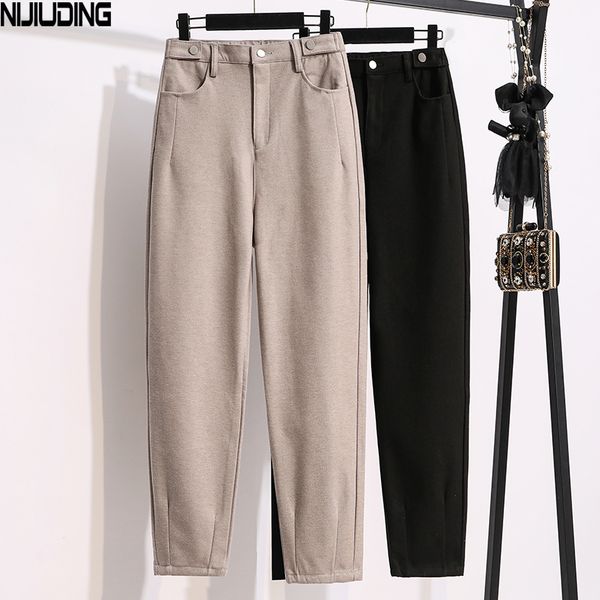 

nijiuding women's woolen pants autumn winter female woolen harem pant botton casual high waist solid color long trousers ladies 201109, Black;white