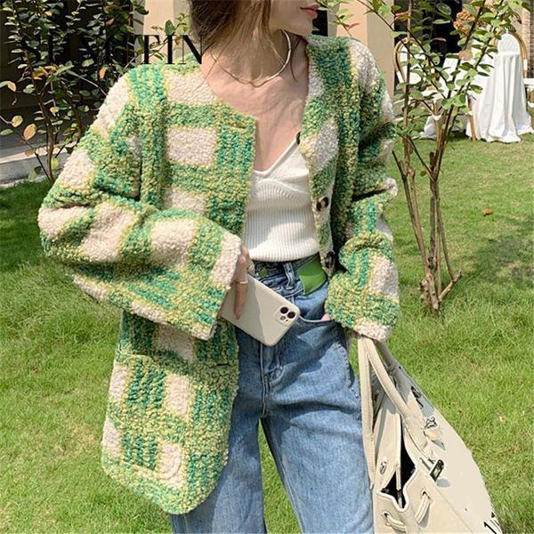 

sungtin wool fleece plaid coat women winter lamb faux fur overcoat female loose thick warm green oversized jacket lady elegant1, Black