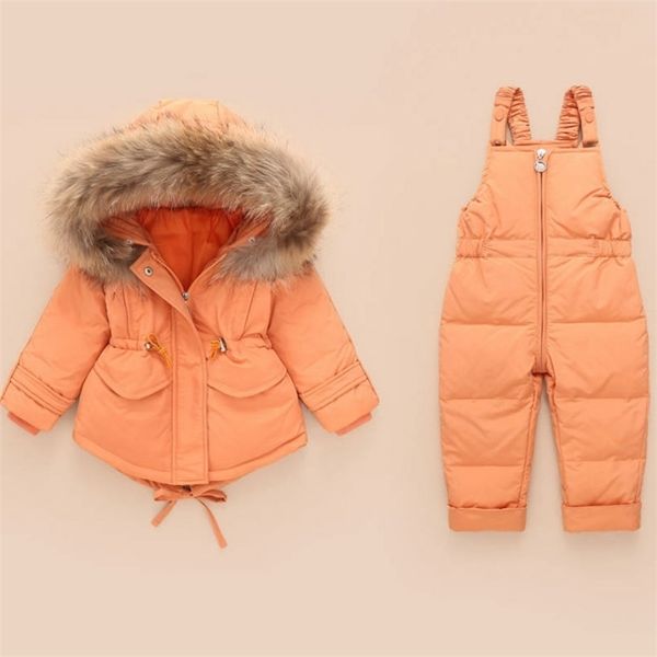 Abbigliamento invernale per bambini Set tuta Giacche da neve + pantaloni con bretelle 2 pezzi Set Neonato Ragazze Piumini d'anatra Cappotti di pelliccia Tute da neve Bambini Abbigliamento da neve LJ201017