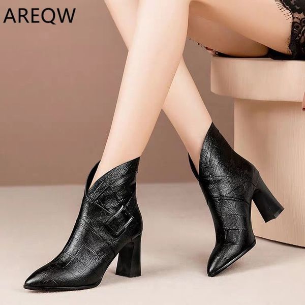 

women 2020 autumn and winter v-neck high heels ankle boots leather booties feminina woman wedding party shoes, Red;white