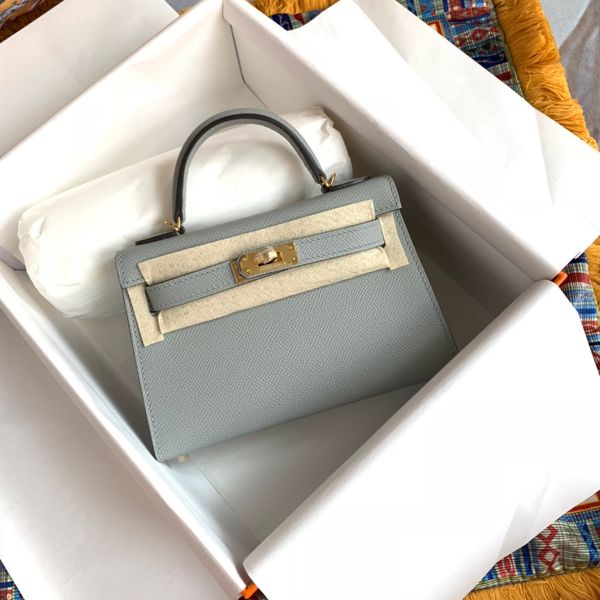 

luxury mini handbag 19cm tote handmade quality light grey epsom leather wax line stitching have both gold and silver hardware wholesale