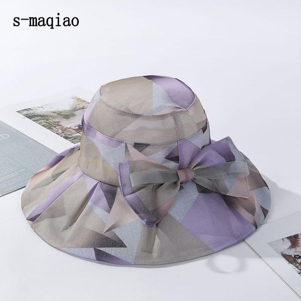 

summer hat for women cotton bucket caps bow beach breathable sun hat travel anti-uv wide brim sun protection cap 2020 new, Blue;gray