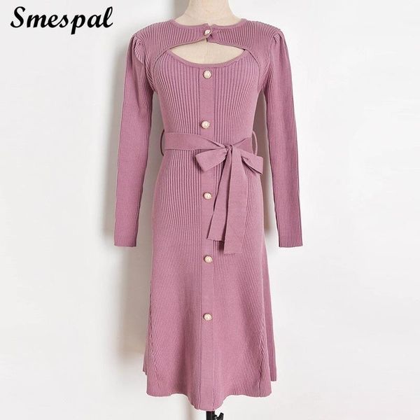 

women front cut elegant long sleeve knit button through sweater dress with slashes belt fashion knit dresses in rib, Black;gray