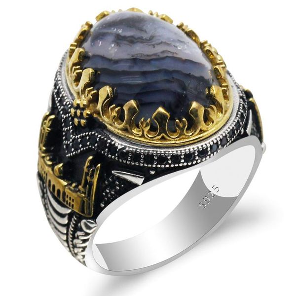 

real 925 sterling silver men rings oval natural agate stone rings castle turkish constantinople vintage wedding jewelry, Golden;silver