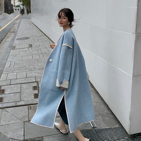 

ewq] elegant lady long blend coats cardigan with pocket 2020 winter women warm wool cashmere trench coat oversize women 8d1081, Black