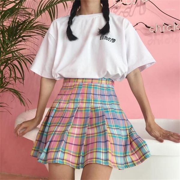 

women's skirts ladies punk kawaii ulzzang college wind rainbow gradient plaid pleated skirt female korean harajuku cute clothing1, Black