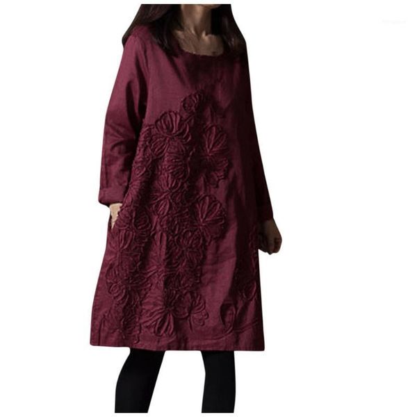 

none women clothing autumn dress knee-length casual linen dress for girls 2020 full o-neck solid embroidery pockets loose1, Black;gray