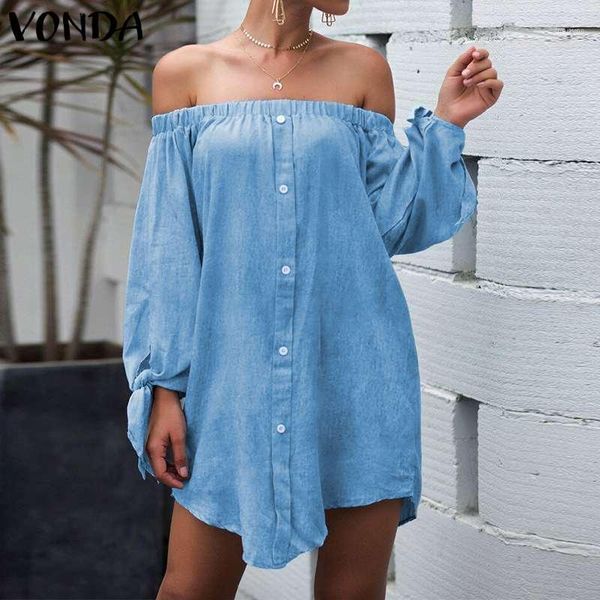 

vonda women' summer sundress off the shoulder party mini dress plus size beach holiday denim dress casual vestidos 5xl robe1, Black;gray
