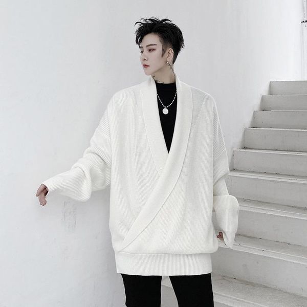 

2021 spring autumn winter models of solid fashion v-neck drape long-sleeved sweater men pullover loose casual sweater outerwear, White;black