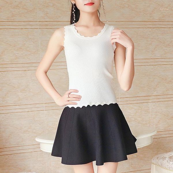 

женщины свитер жилет новый корейский вязаный жилет женская круглая зубчатая шея свободная куртка свитер пальто жилет без рукавов blazer1, Black;white