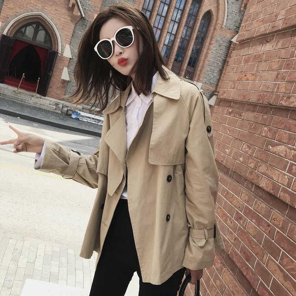

women's autumn winter soft shell trench double breasted pea korean-style casual short style coat fashion, Tan;black