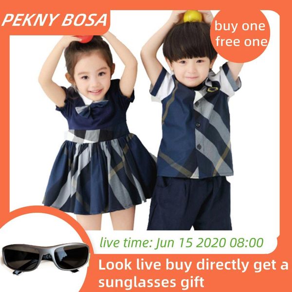 

girl dress blue plaid dress and bowknot summer girls puff sleeve school uniforms brother and sister clothing 3-7t, Red;yellow