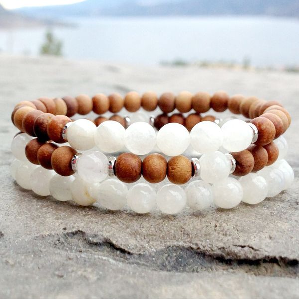 MG1233 Bracciale da donna in legno di sandalo con pietra di luna da 6 mm Bracciale divino femminile antistress Set di braccialetti Yoga Mala di alta qualità