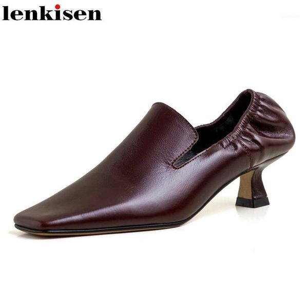 

dress shoes lenkisen 2021 summer vintage full grain leather square toe high heels women streetwear pleated fashion pumps l101, Black
